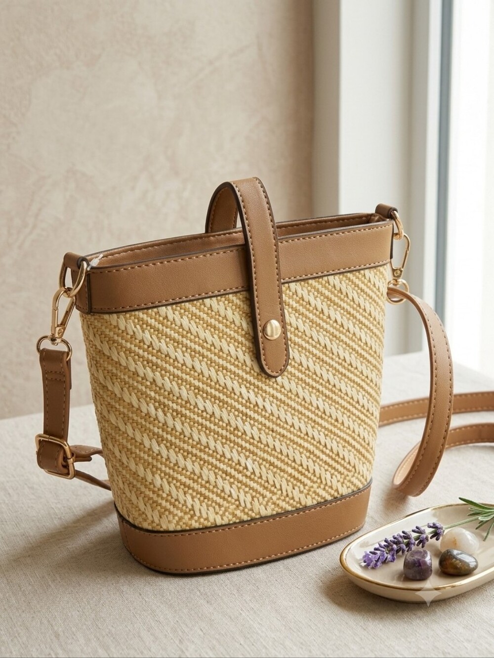 AR New York Women's Weekend Tan Straw Bucket Bag Crossbody